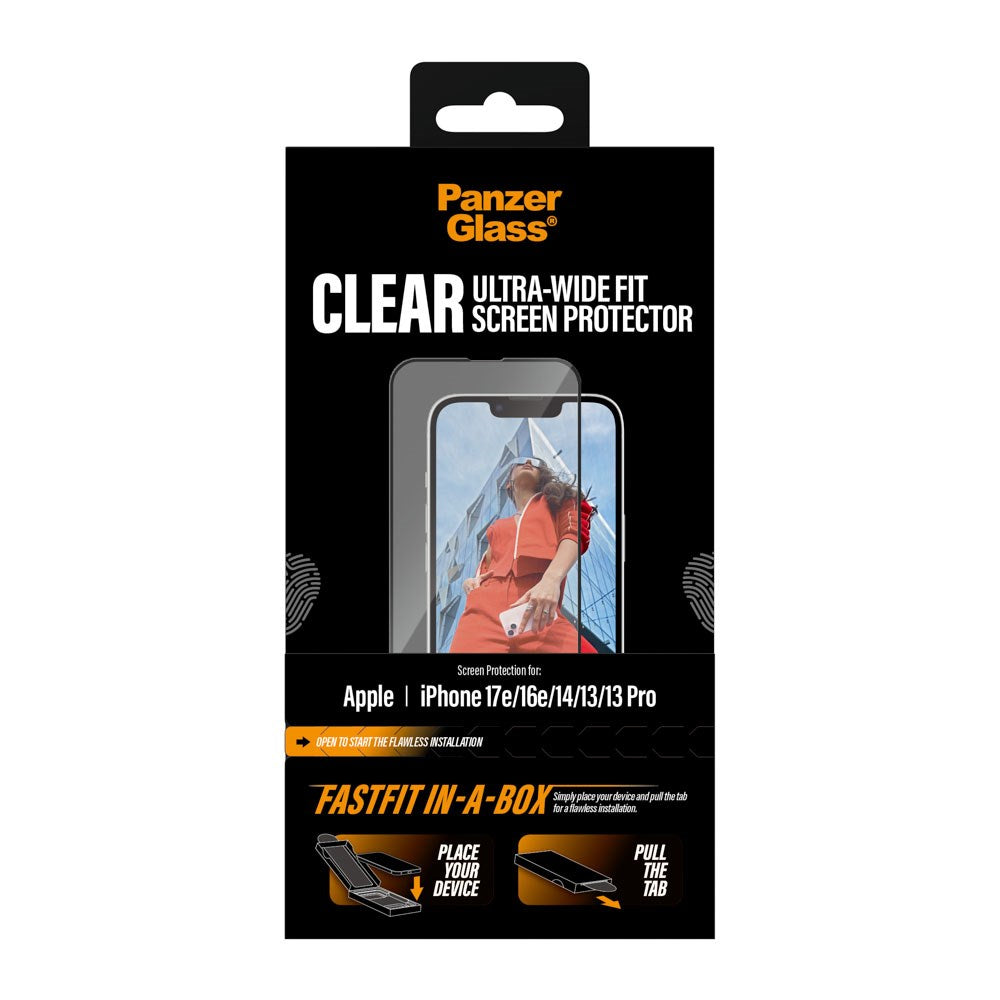 iPhone 17e / 16e / 14 / 13 / 13 Pro PanzerGlass Screen Protector Glass with FastFit In-A-Box - Ultra Wide Fit - Transparent