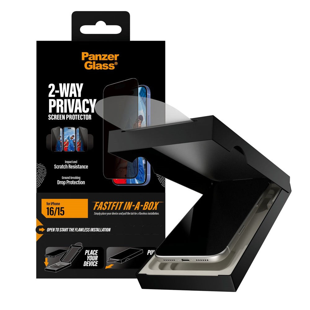 iPhone 16 / 15 PanzerGlass 2-Way Privacy Screen Protection with FastFit In-A-Box - Transparent