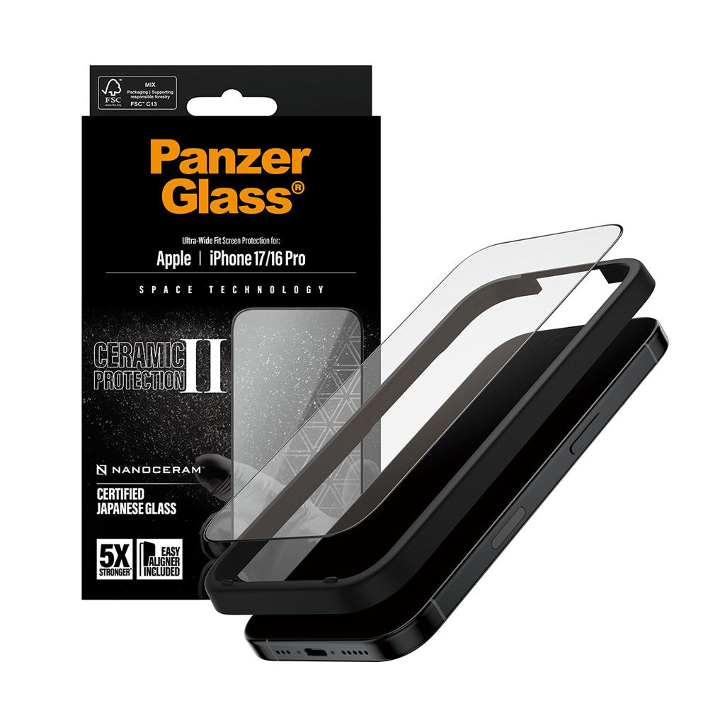 PanzerGlass iPhone 17 / 16 Pro Ceramic Screen Protection with EasyAligner - Ultra Wide Fit - Transparent