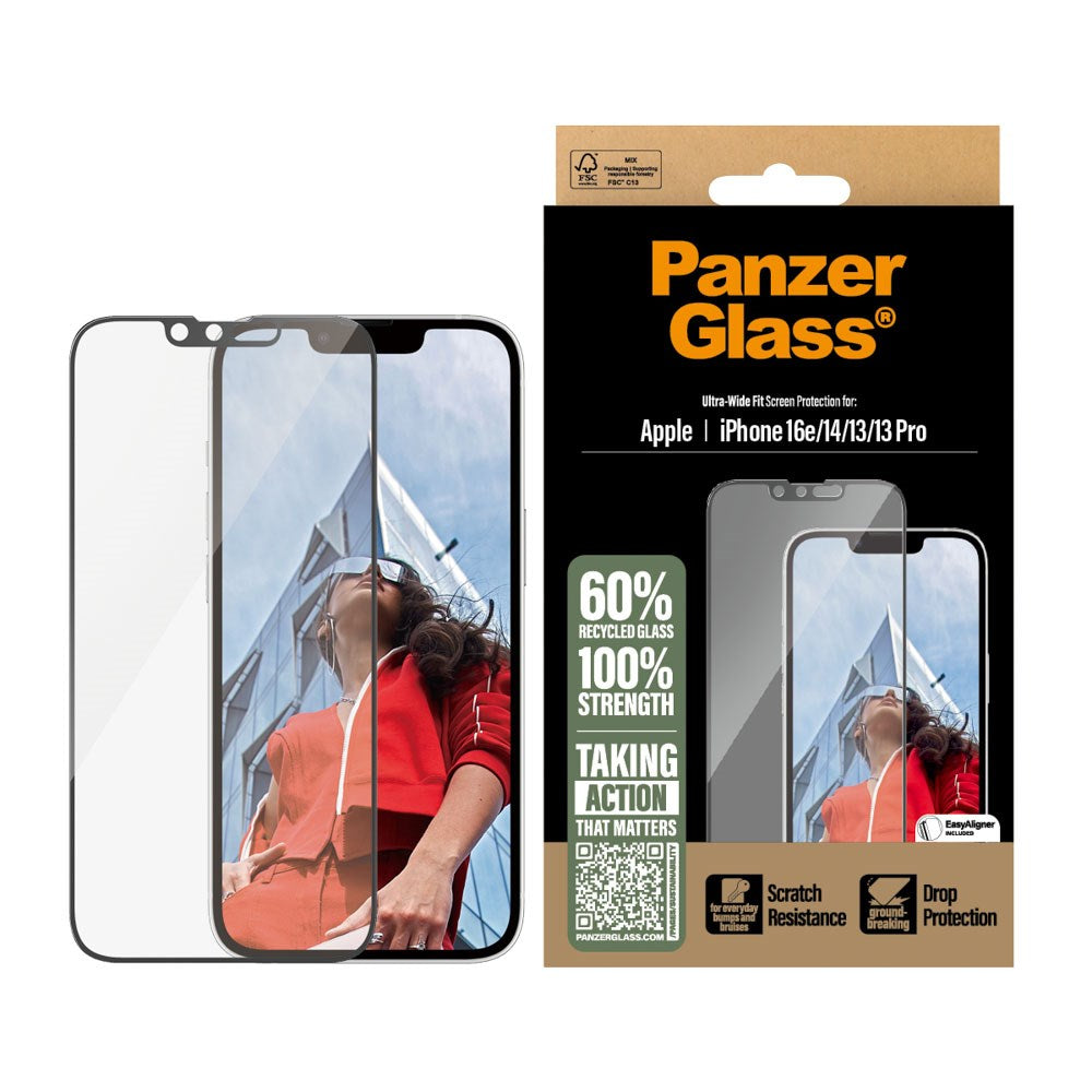 PanzerGlass® Screen Protector - Ultra-Wide Fit for iPhone 16e / 14 / 13 / 13 Pro with EasyAligner - Transparent