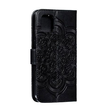 iPhone 11 Leather Wallet Case Sun Mandala Flower Pattern Imprint Black