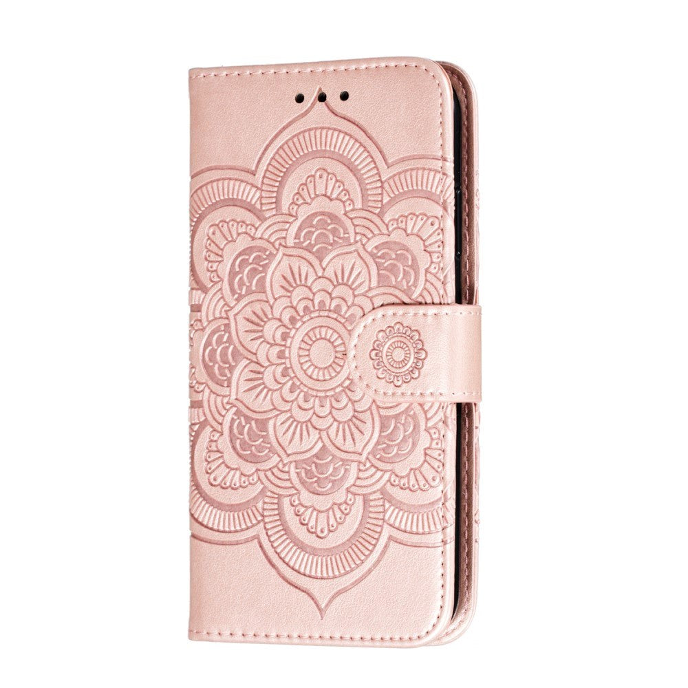 iPhone 11 Leather Wallet Case Sun Mandala Flower Pattern Imprint Rose Gold