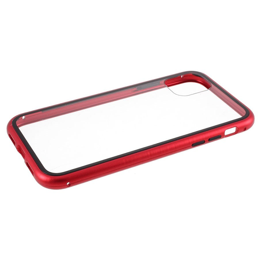 iPhone 11 Pro Max Magnetic Metal Case Silver w. Back Glass - Red