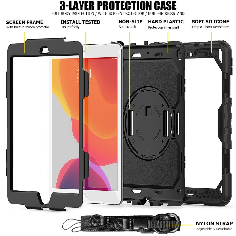 iPad 10.2" (2020 / 2019) Tough Case w. Hand Holder, Shoulder Strap & Screen Protector - Black