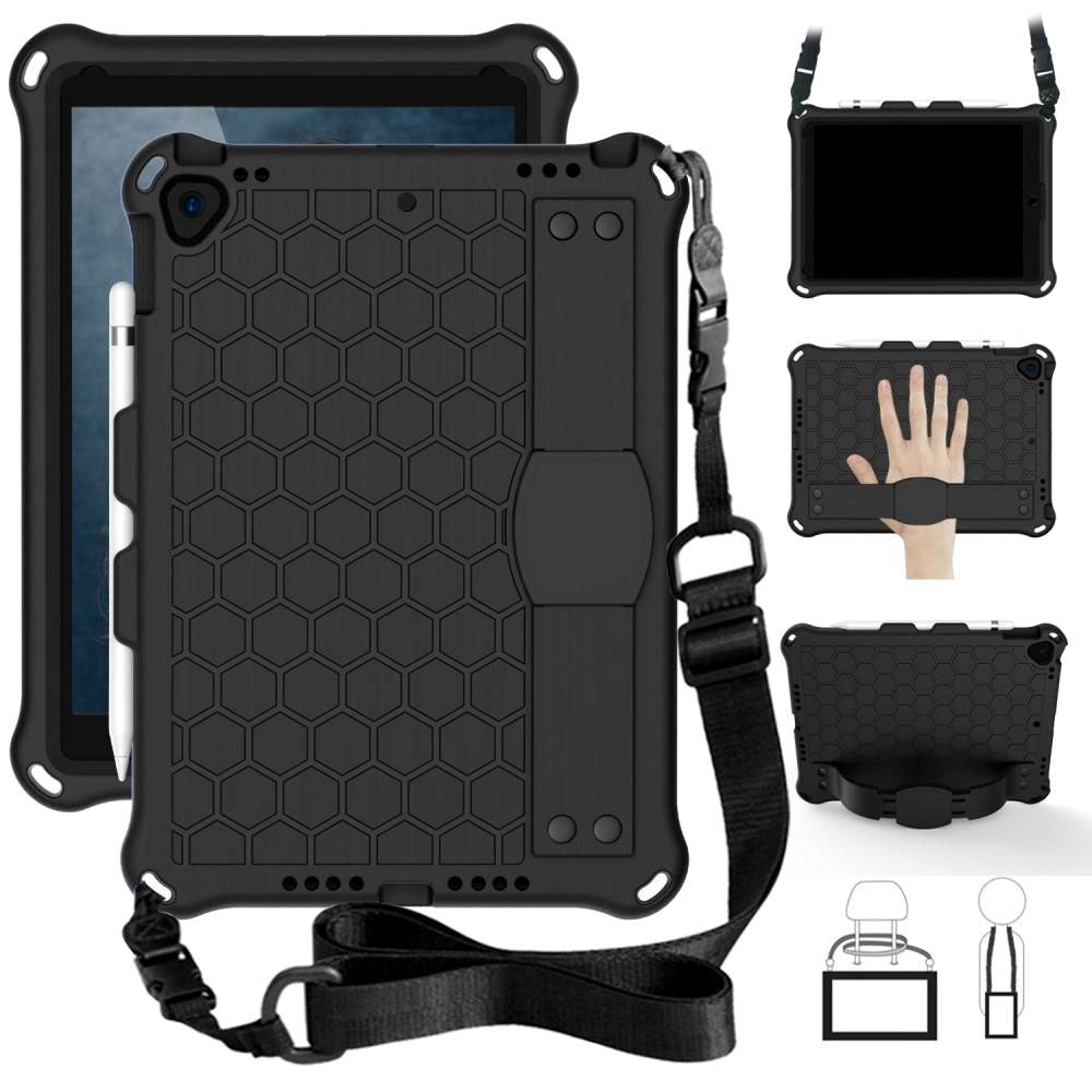 iPad 10.2" (2021 / 2020 / 2019) / iPad Pro 10.5 / iPad Air (2019) Kids Case w. Shoulder Strap - Beehive Pattern - Black