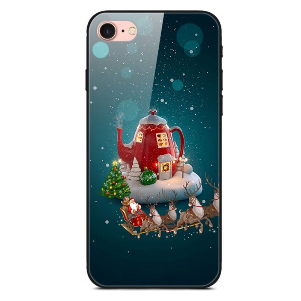 iPhone 8 / 7 / SE (2020) / SE(2022) Christmas Back Cover w. Glass Back - Christmas Tree and Sleigh