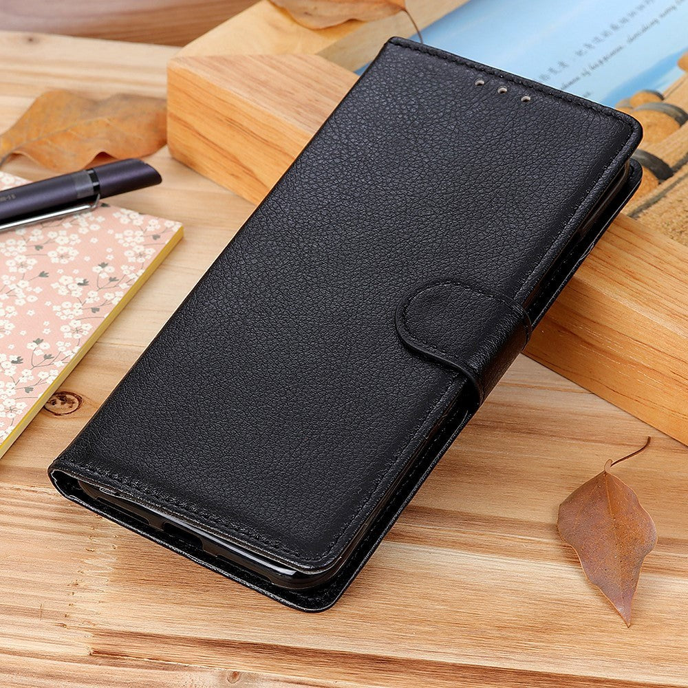 iPhone 12 / 12 Pro Litchi Leather Wallet Case - Black