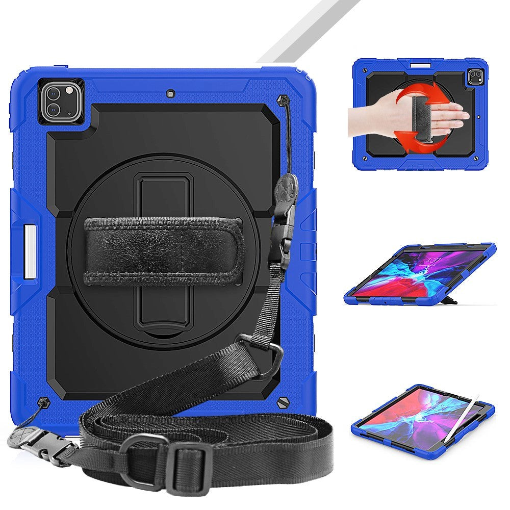 iPad Pro 12.9" (2022 / 2021 / 2020 / 2018) Tough Case w. Protective Film, Holder & Shoulder Strap - Black / Blue