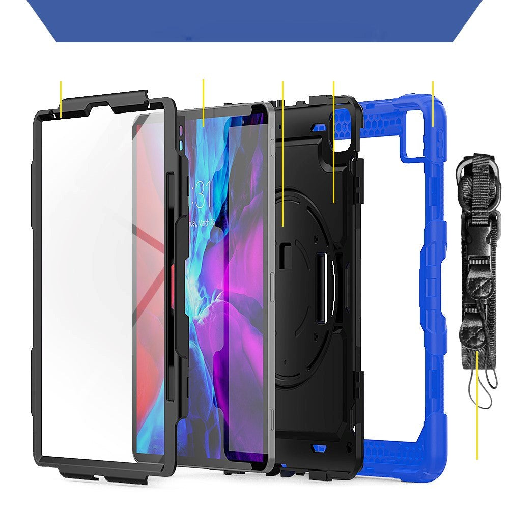 iPad Pro 12.9" (2022 / 2021 / 2020 / 2018) Tough Case w. Protective Film, Holder & Shoulder Strap - Black / Blue