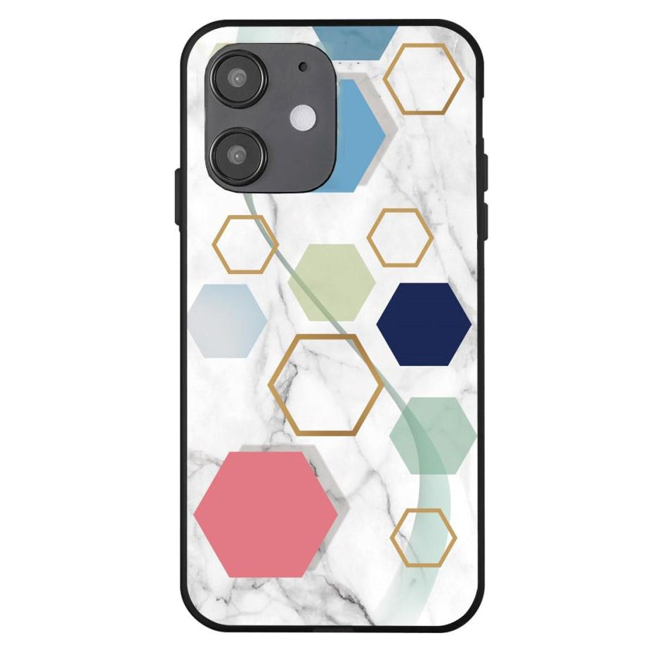 iPhone 12 Mini Case with Print - Geometry - White Marble & Hexagons