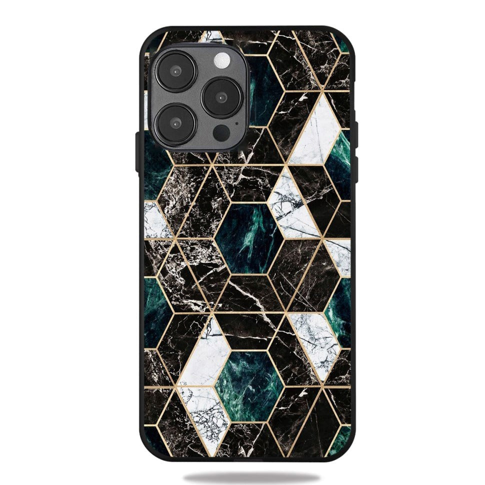 iPhone 12 Pro Max Case with Print - Geometry - Black / Green / White Marble