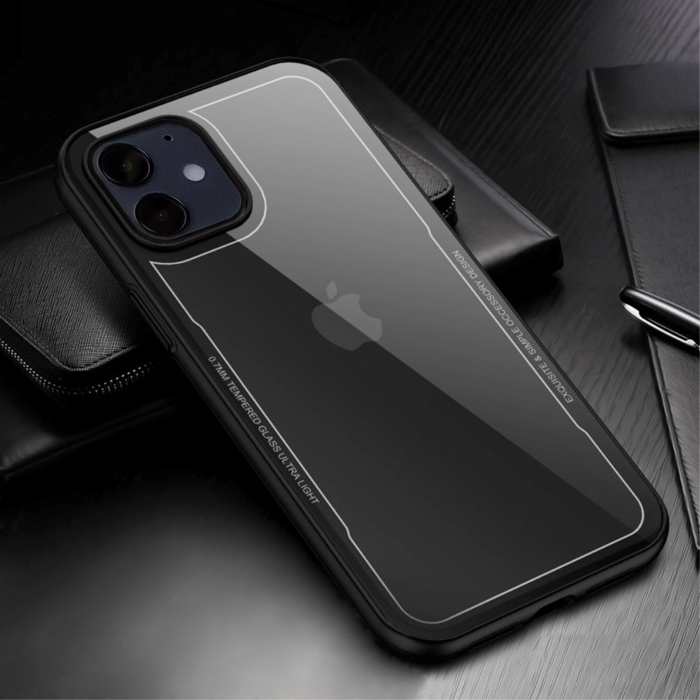 Simple Series iPhone 12 Mini Case w. Glass back - Transparent / Black