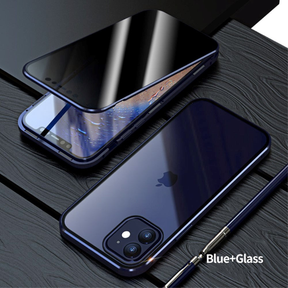 iPhone 12 / 12 Pro Magnetic Case w. Privacy, Glass Back and Front - Dark Blue