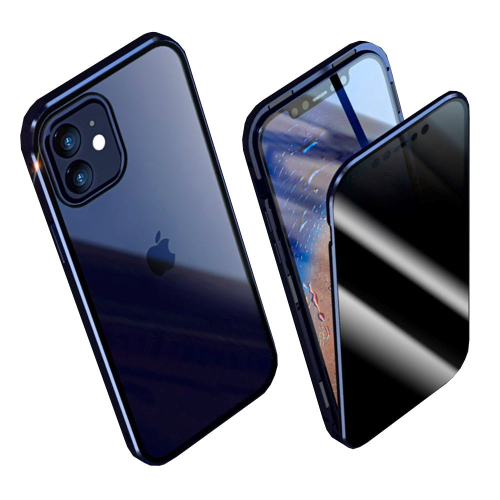 iPhone 12 / 12 Pro Magnetic Case w. Privacy, Glass Back and Front - Dark Blue