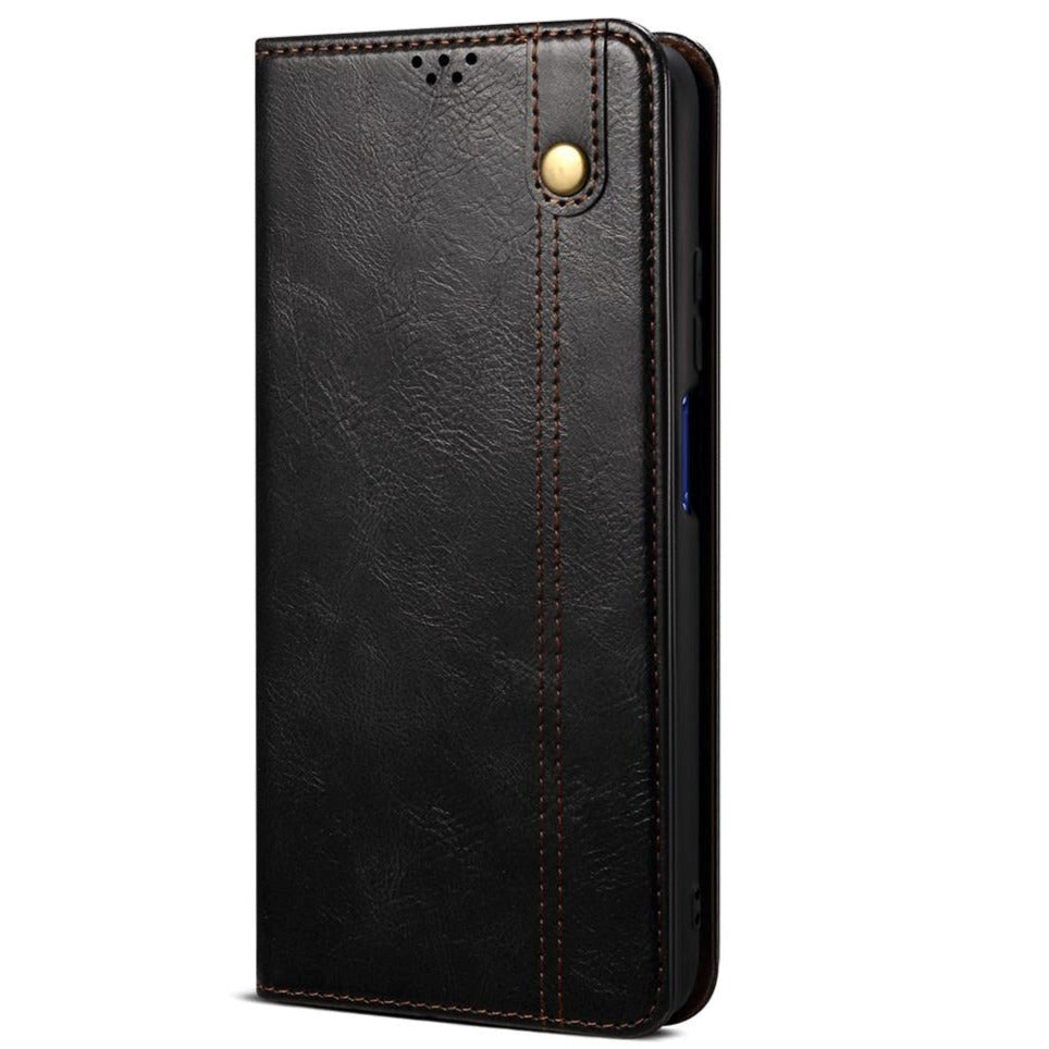 iPhone 13 Mini Top Button Leather Wallet Case - Black