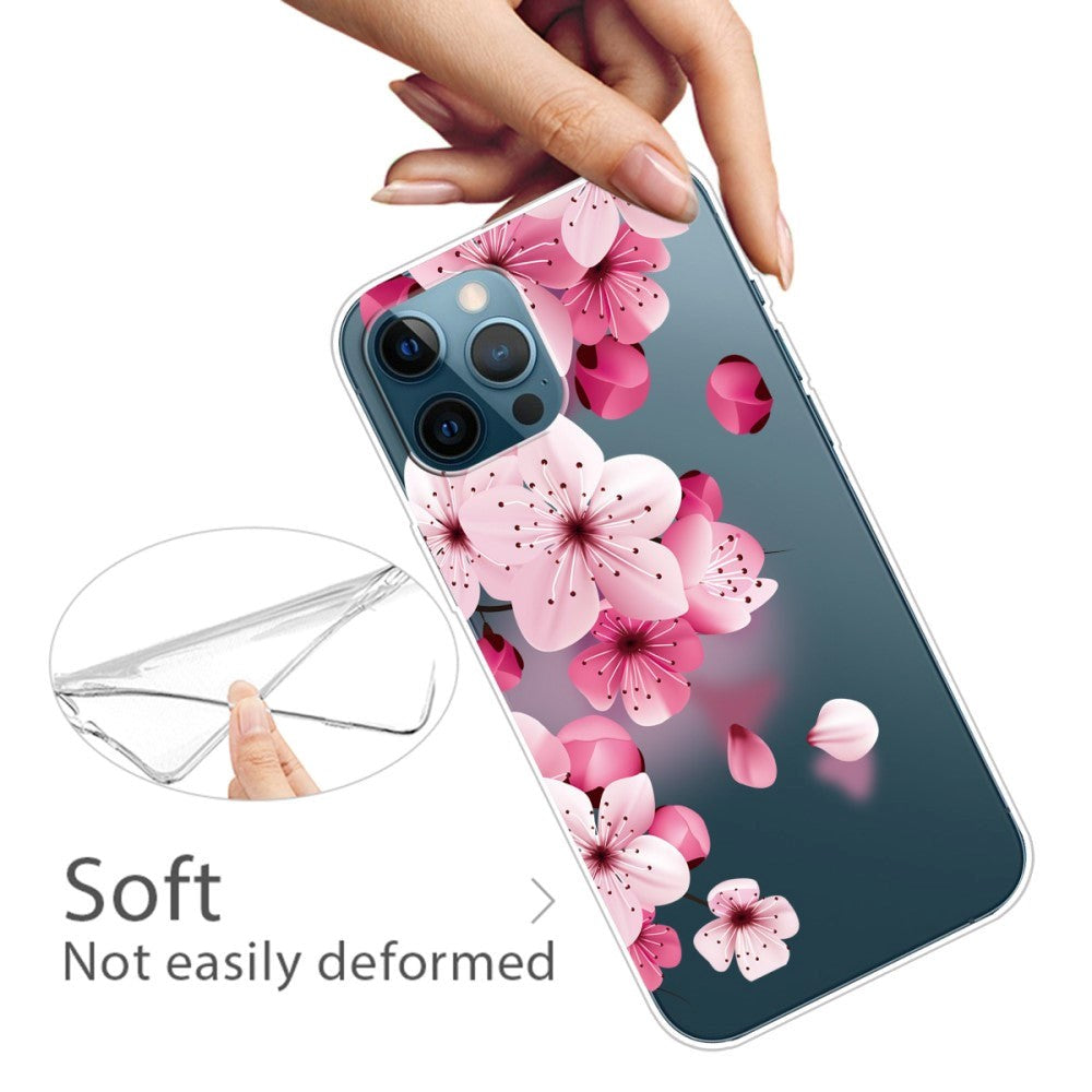 iPhone 13 Pro Flexible Transparent Plastic Case - Transparent / Pink Flowers