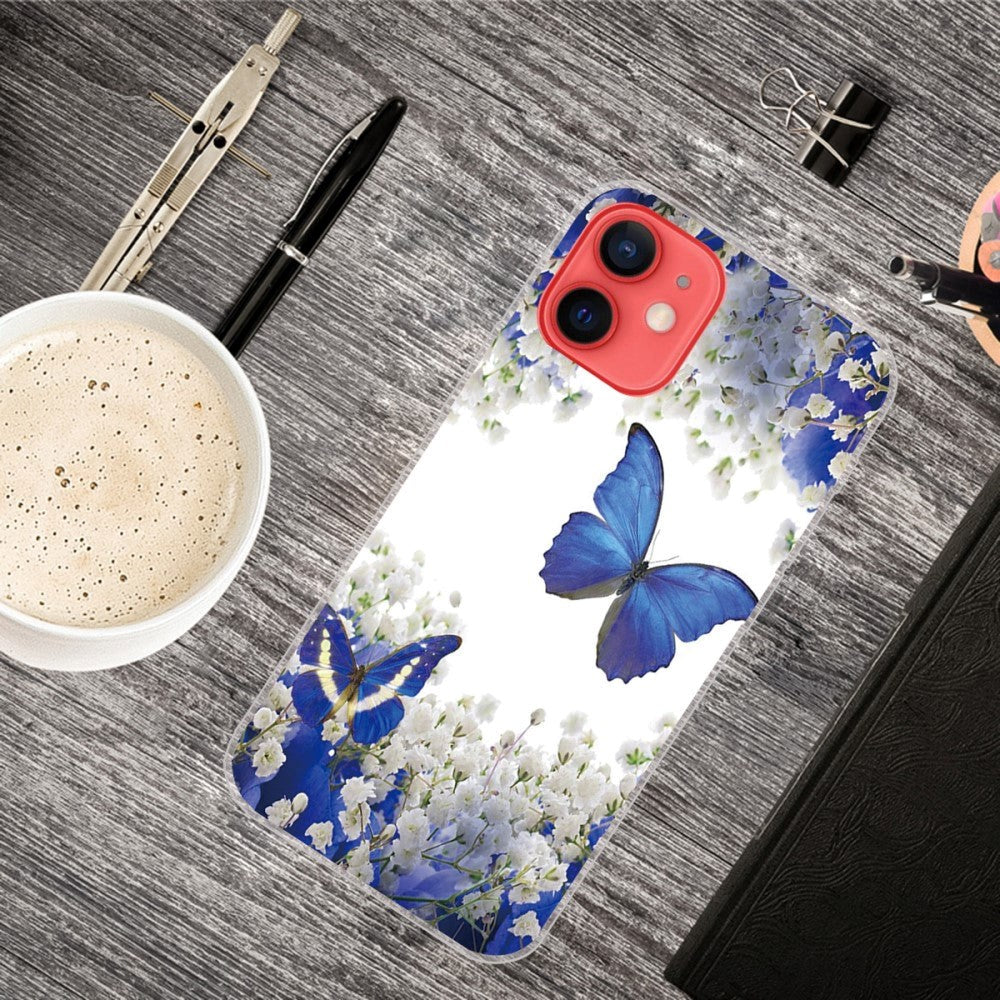 iPhone 13 Mini Flexible Transparent Plastic Case - Transparent / Blue Butterflies