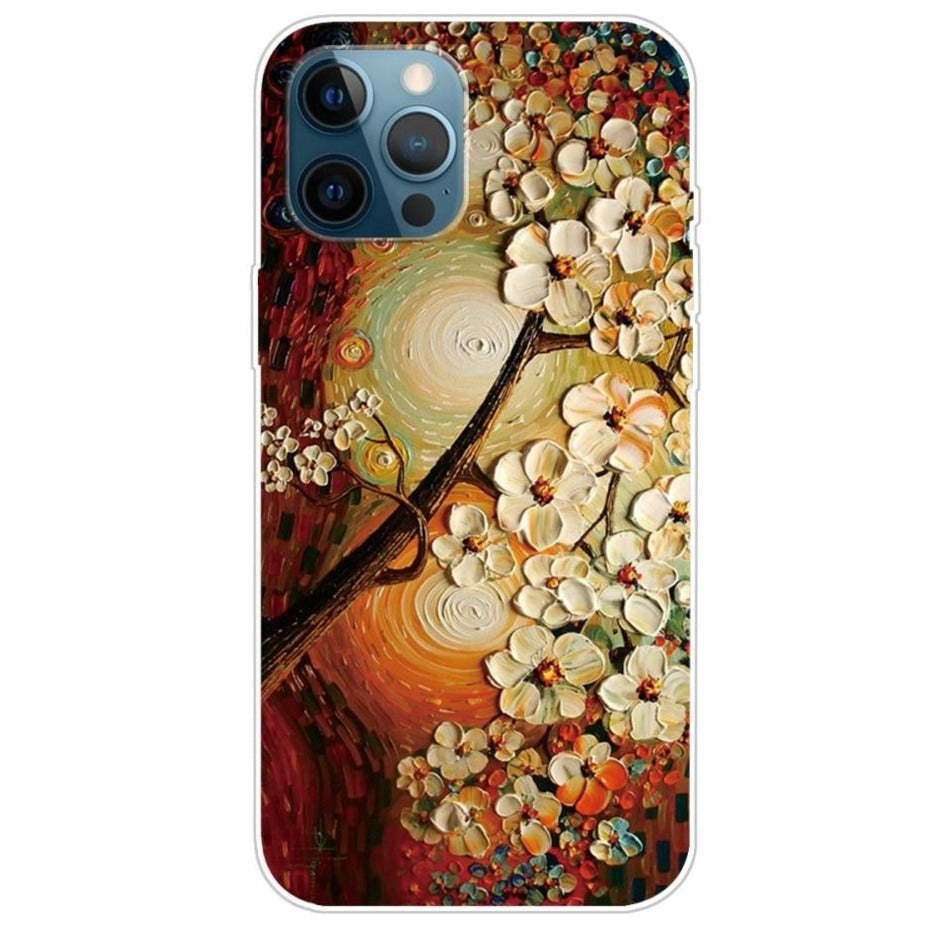 iPhone 13 Pro Max Flexible Plastic Case - Transparent / Wood with Flowers