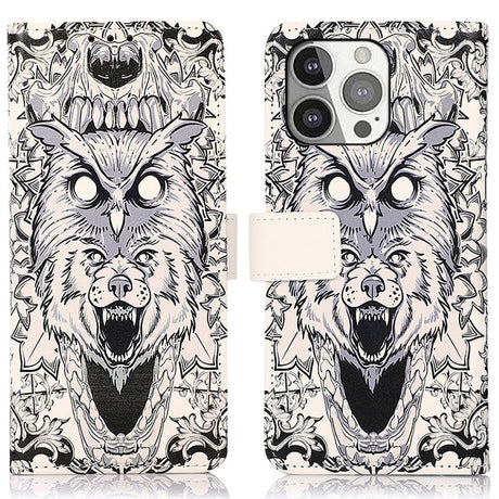 iPhone 13 Pro Leather Wallet Case - Abstract Owl and Wolf