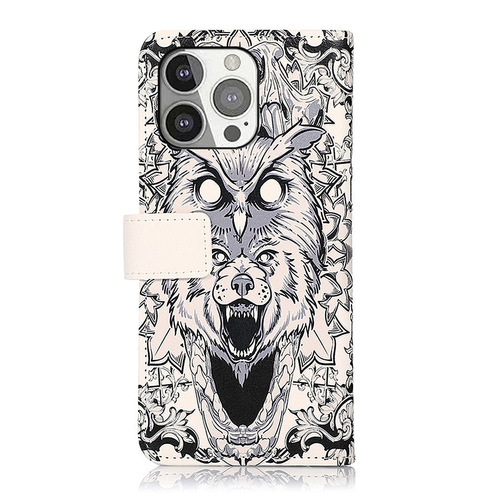 iPhone 13 Pro Leather Wallet Case - Abstract Owl and Wolf