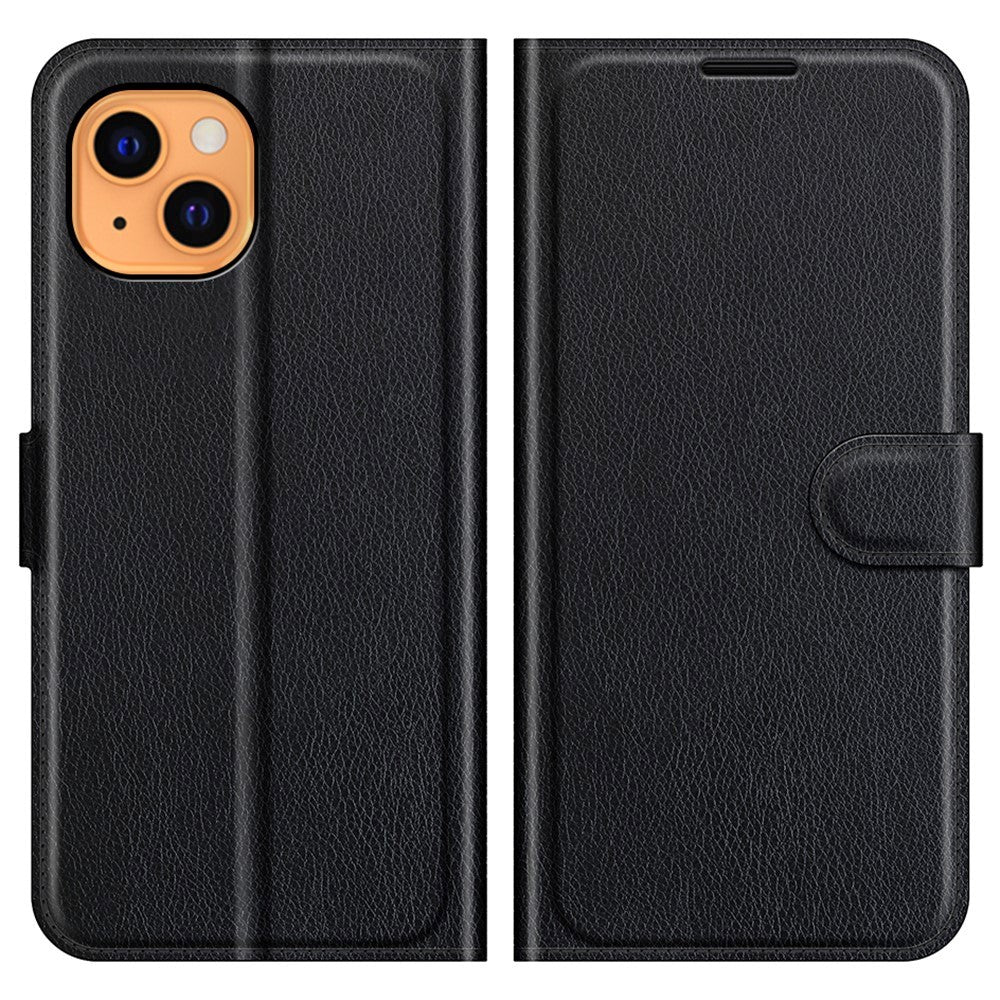 iPhone 13 Litchi Leather Wallet Case - Black