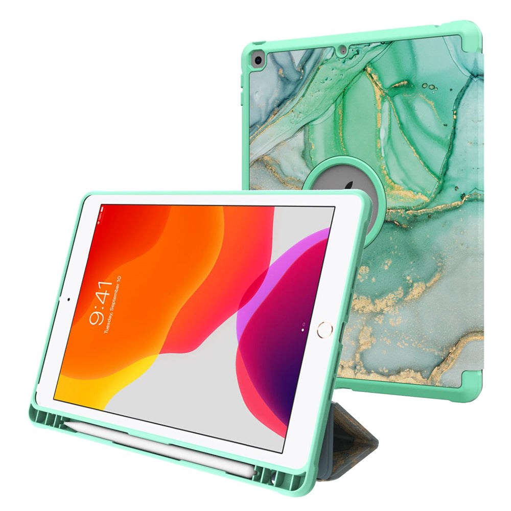 iPad 10.2" (2021 / 2020 / 2019) Tri-Fold Leather Case w. Pencil Holder - Green Marble