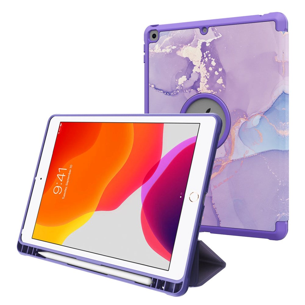 iPad 10.2" (2021 / 2020 / 2019) Tri-Fold Leather Case w. Pencil Holder - Purple Marble