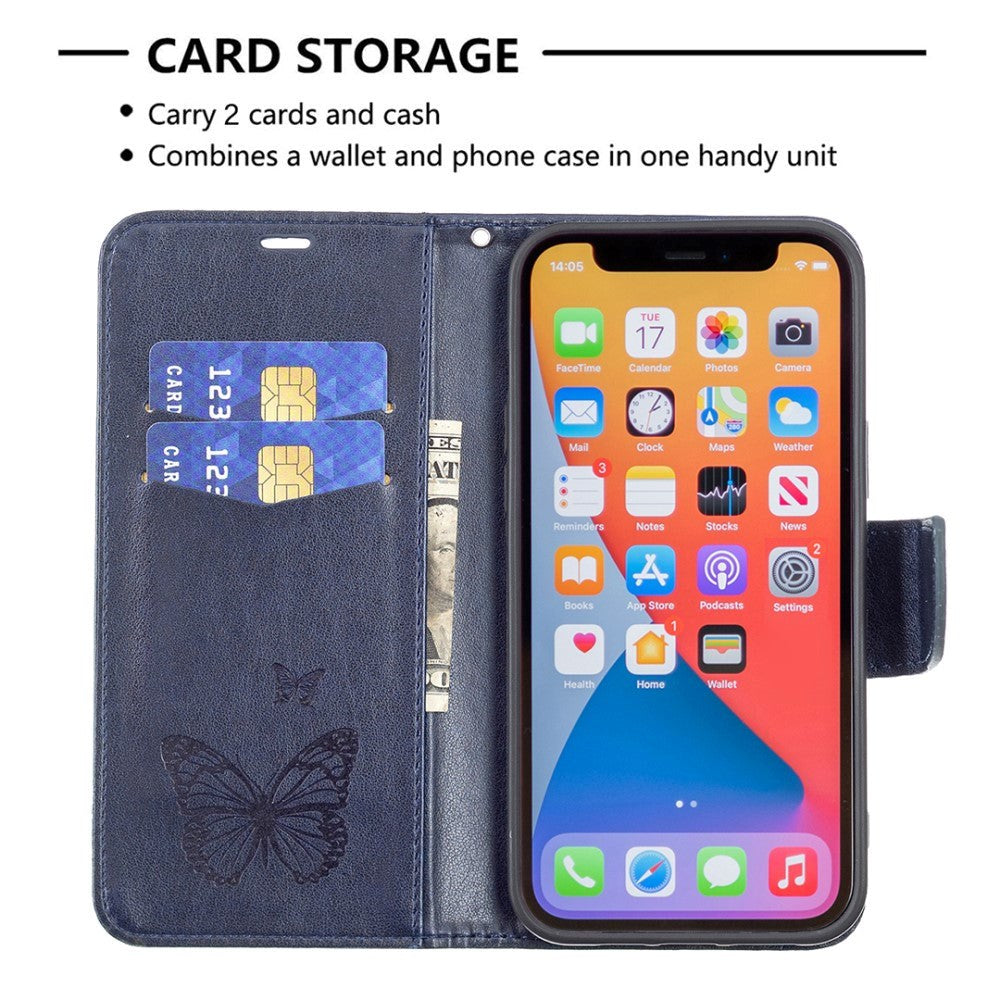 iPhone 13 Pro Leather Wallet Case Butterfly - Dark Blue