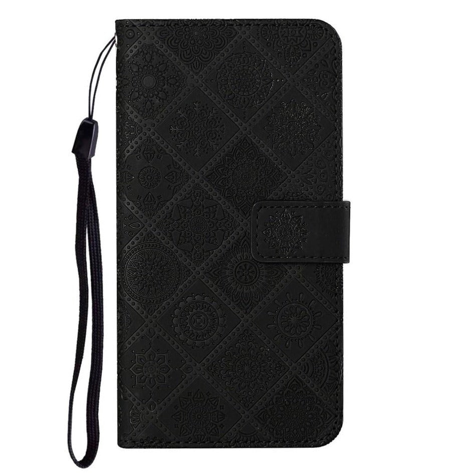 iPhone 13 Pro Leather Flip Case w. Floral Pattern & Strap - Black