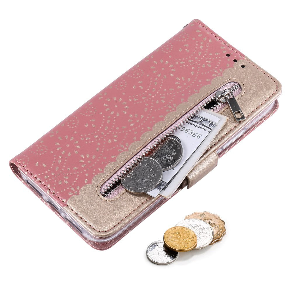 iPhone 13 Mini Leather Wallet Case - Lace Print - Pink & Gold