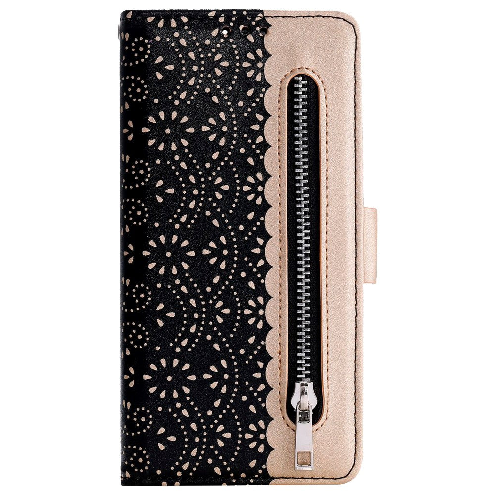 iPhone 13 Leather Wallet Case - Lace Print - Black & Gold