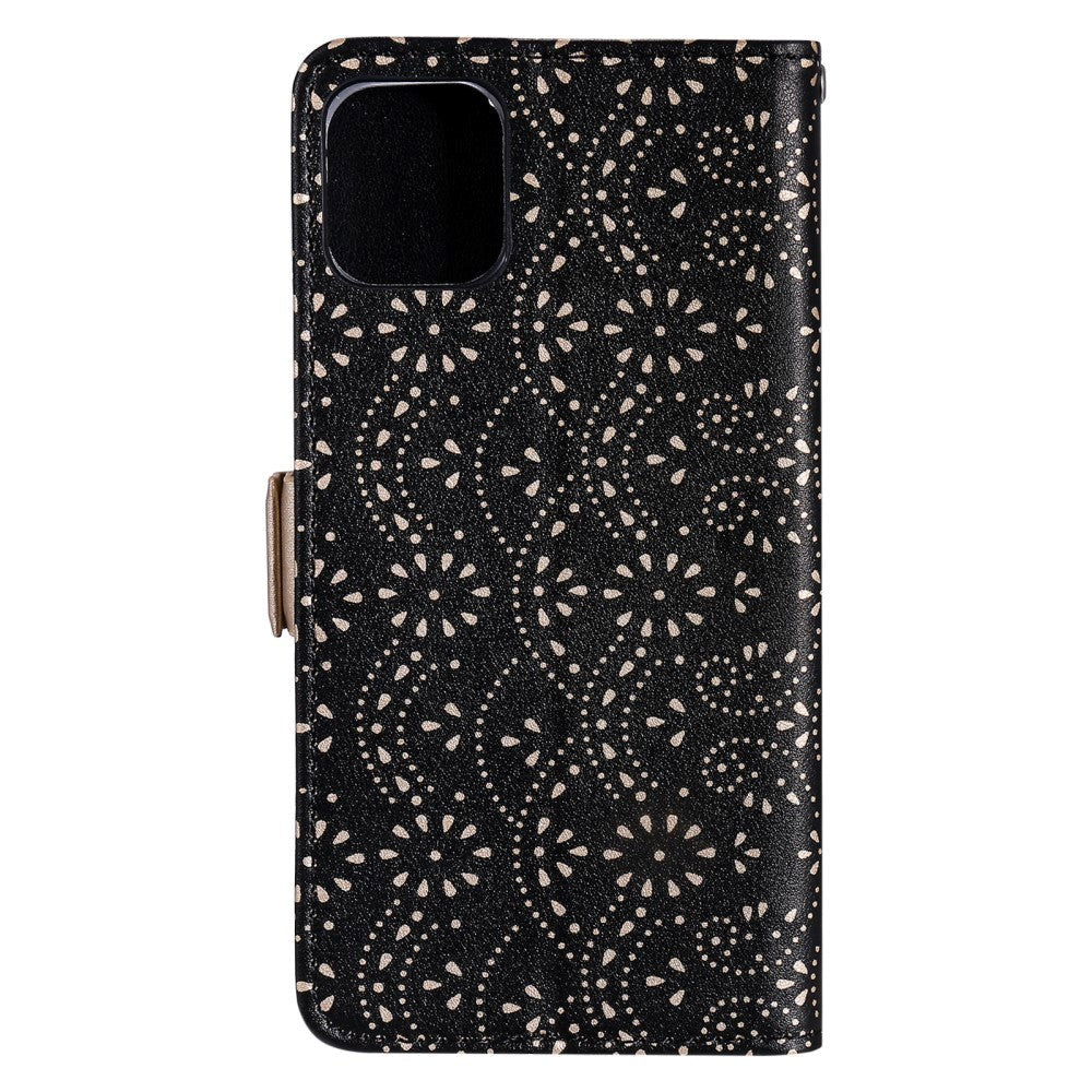 iPhone 13 Leather Wallet Case - Lace Print - Black & Gold