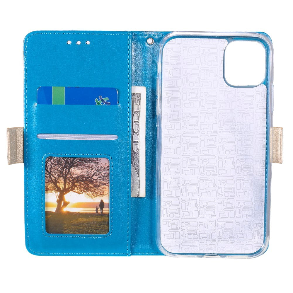 iPhone 13 Pro Leather Wallet Case - Blonde Print - Blue & Gold