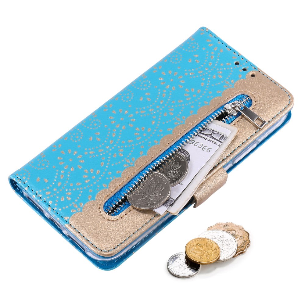 iPhone 13 Pro Leather Wallet Case - Blonde Print - Blue & Gold