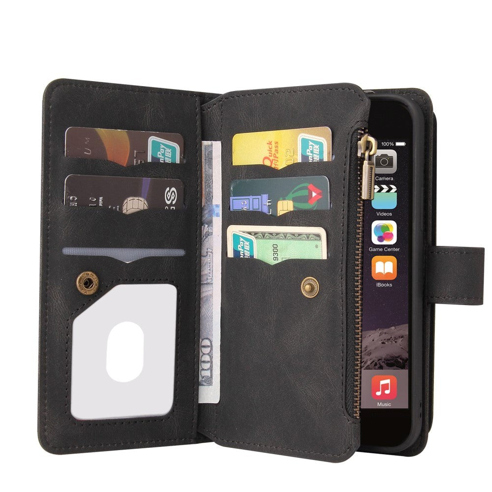 iPhone SE (2022/2020)/8/7 Leather Flip Case with Strap, Wallet & 15 Card Holders - Black