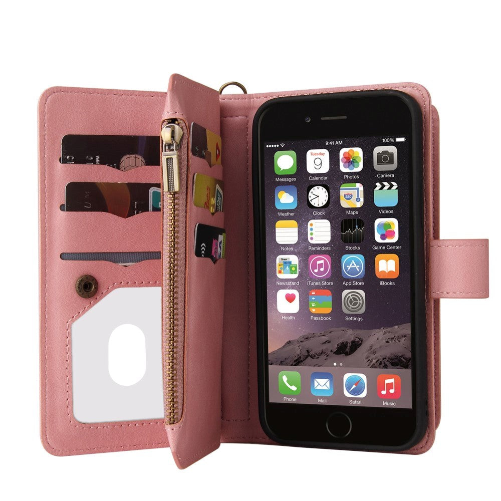 iPhone SE (2022/2020)/8/7 Leather Flip Case with Strap, Wallet & 15 Card Holders - Pink