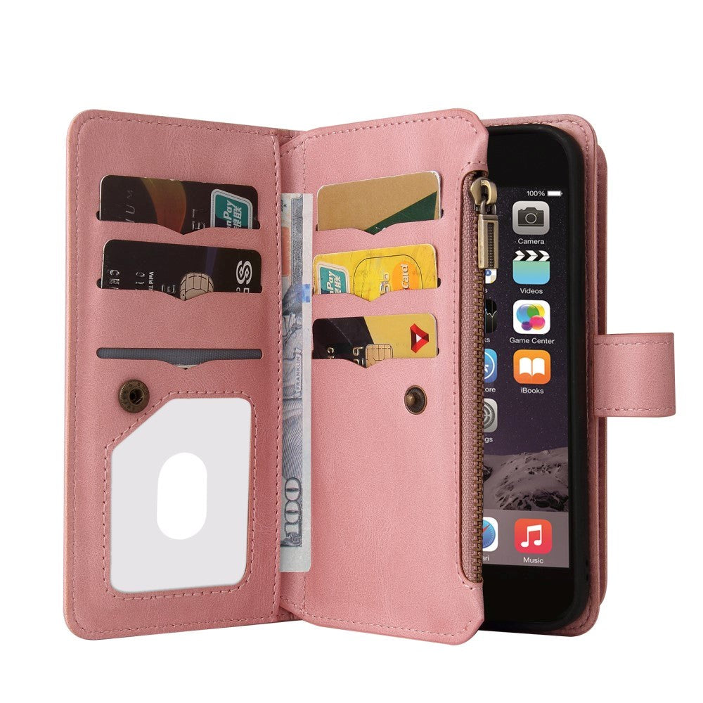 iPhone SE (2022/2020)/8/7 Leather Flip Case with Strap, Wallet & 15 Card Holders - Pink