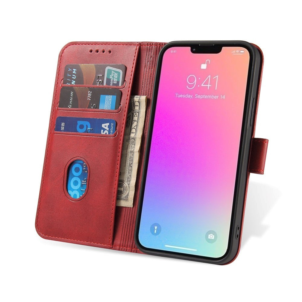 iPhone 13 Leather Wallet Case & Magnetic Lock - Red