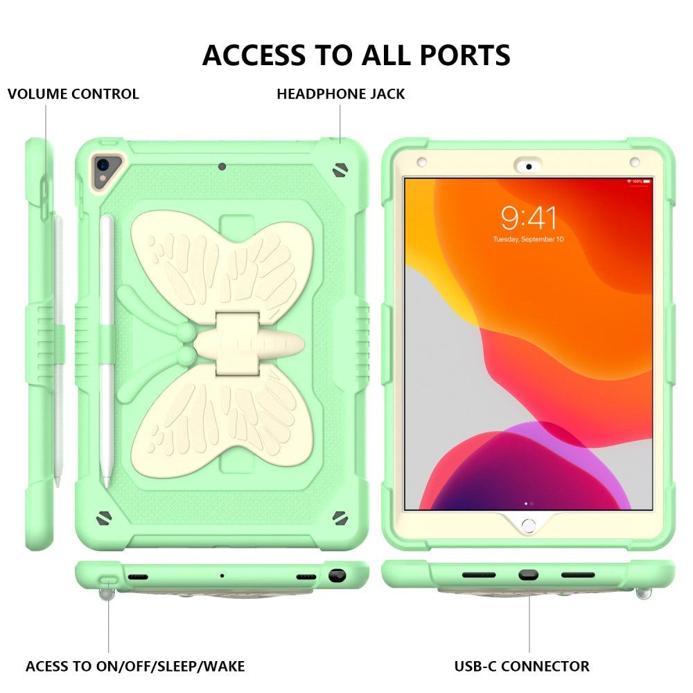 iPad 10.2" (2021/ 2020 / 2019) Kids Case - Butterfly Kickstand Case - Green & Grey