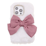 iPhone 13 Pro Flexible Plastic Case w. Fur and Bow - White