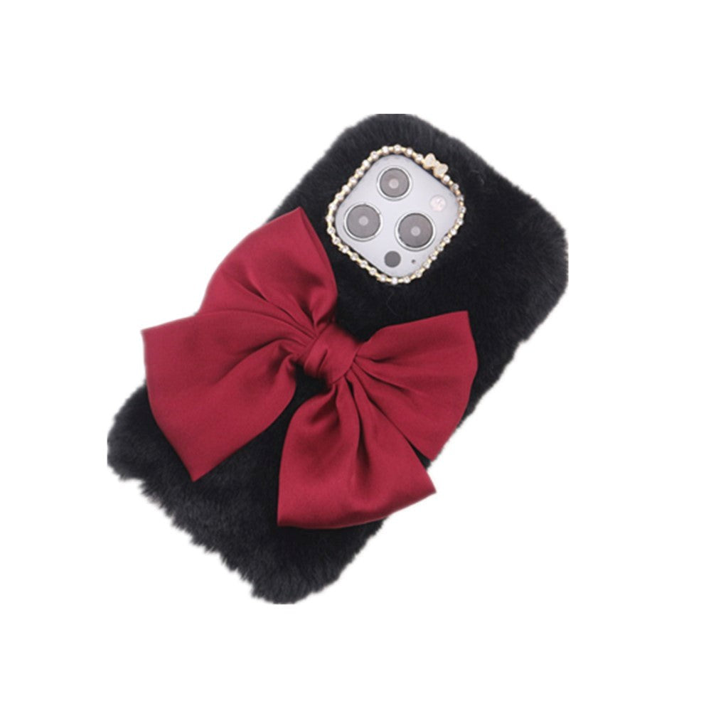 iPhone 13 Pro Flexible Plastic Case w. Fur and Bow - Black