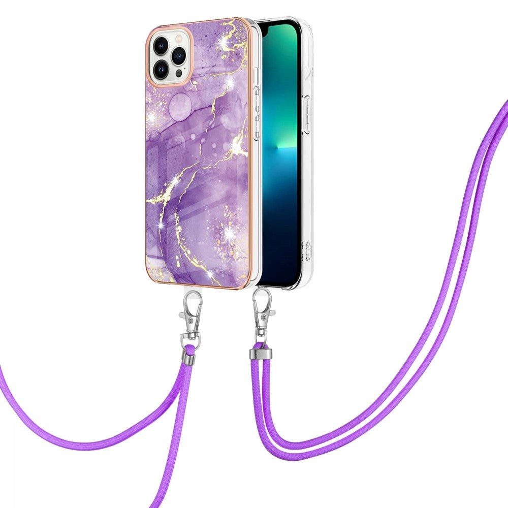 iPhone 13 Pro Marble Hybrid Case w. Adjustable Strap - Rose Purple