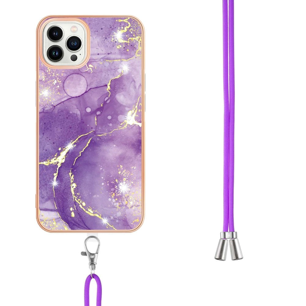 iPhone 13 Pro Marble Hybrid Case w. Adjustable Strap - Rose Purple