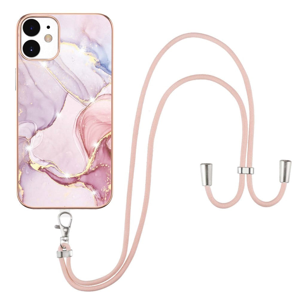 iPhone 12 / 12 Pro Marble Hybrid Case w. Adjustable Strap - Pink