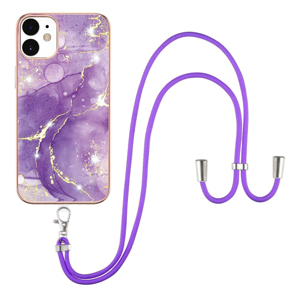 iPhone 12 / 12 Pro Marble Hybrid Case w. Adjustable Strap - Rose Purple