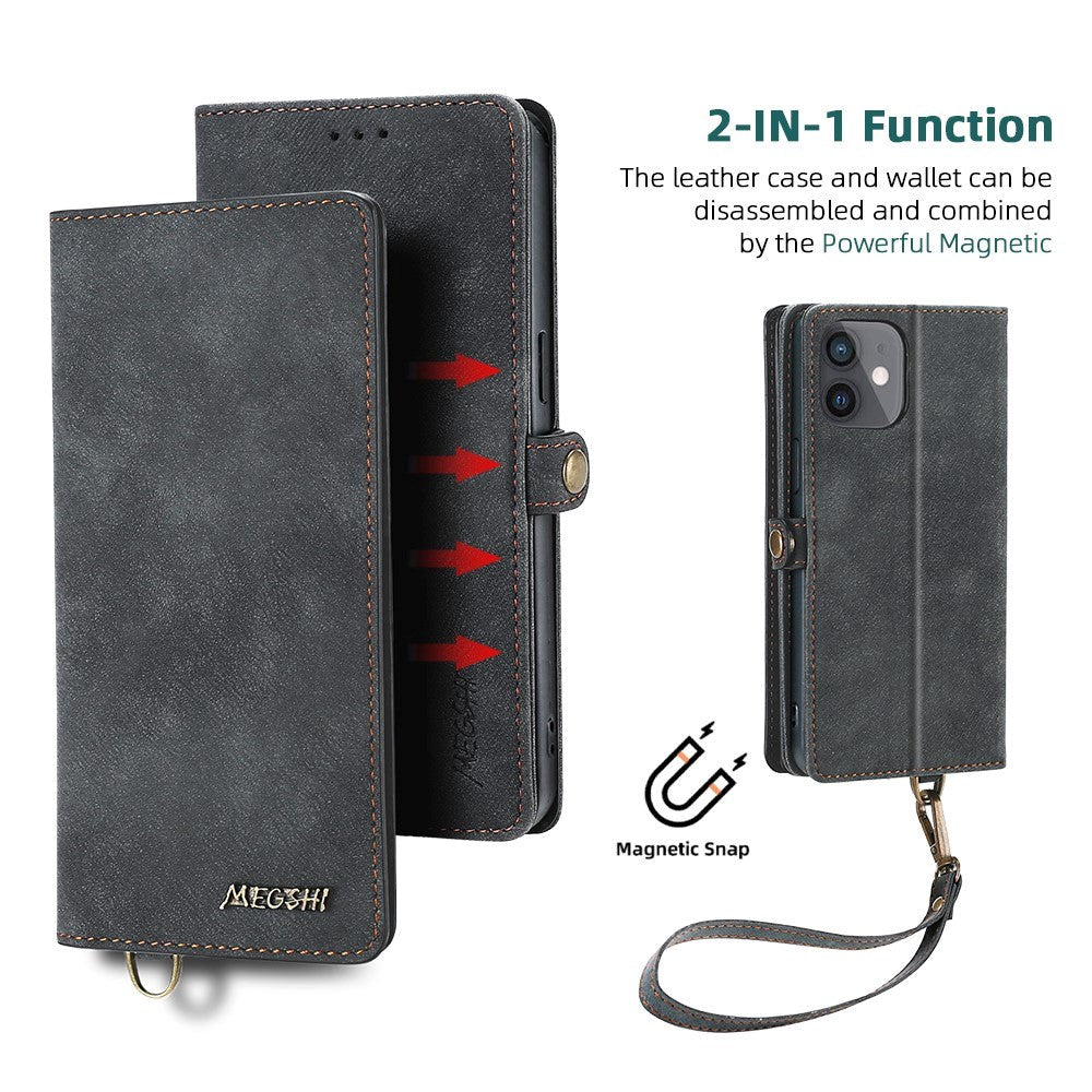 iPhone 12 / 12 Pro MEGSHI Leather Flip Case w. Magnetic Wallet - Black