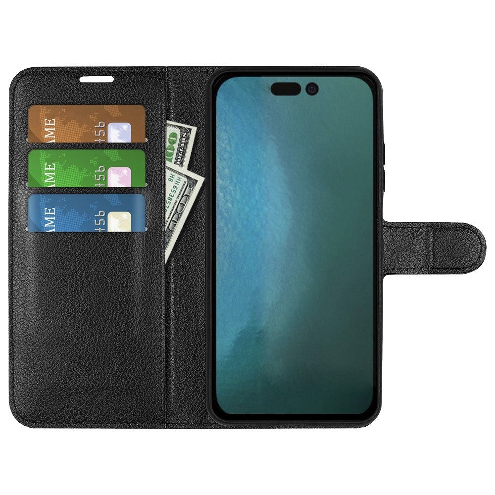 iPhone 14 Pro Max Litchi Leather Flip case with Card Holder and Magnetic Close - Black