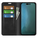 iPhone 14 Pro Leather Wallet Flip Case & Magnetic Lock - Black