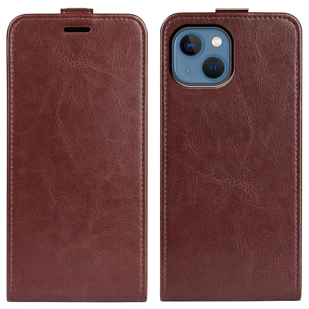 iPhone 14 Vertical Flip Leather Case w. Card Holder - Brown