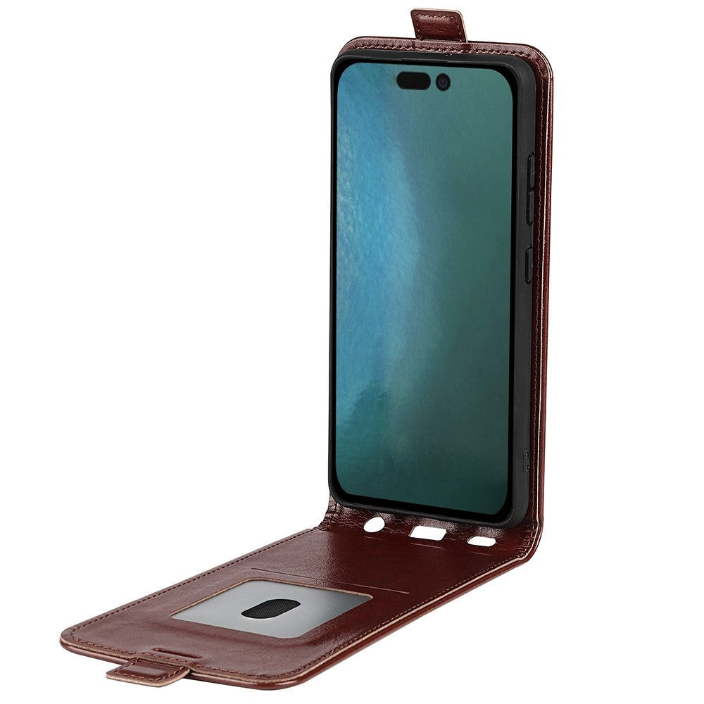 iPhone 14 Vertical Flip Leather Case w. Card Holder - Brown